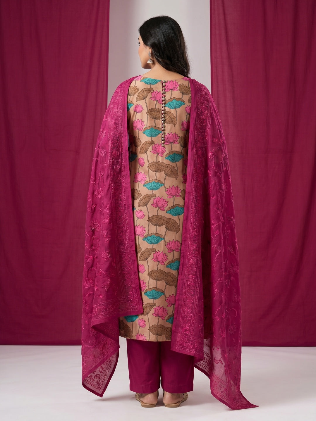 Chikoo Floral Printed Cotton Silk Dress Material - Image 3