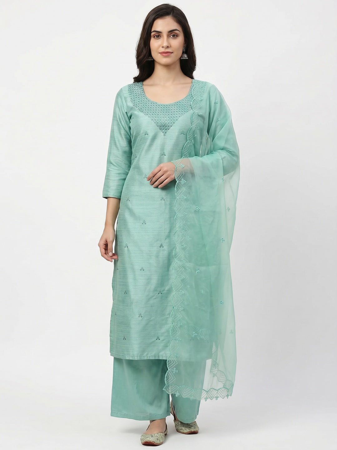 Sea Green Sequins Embroidered Art Silk Dress Material - Image 1