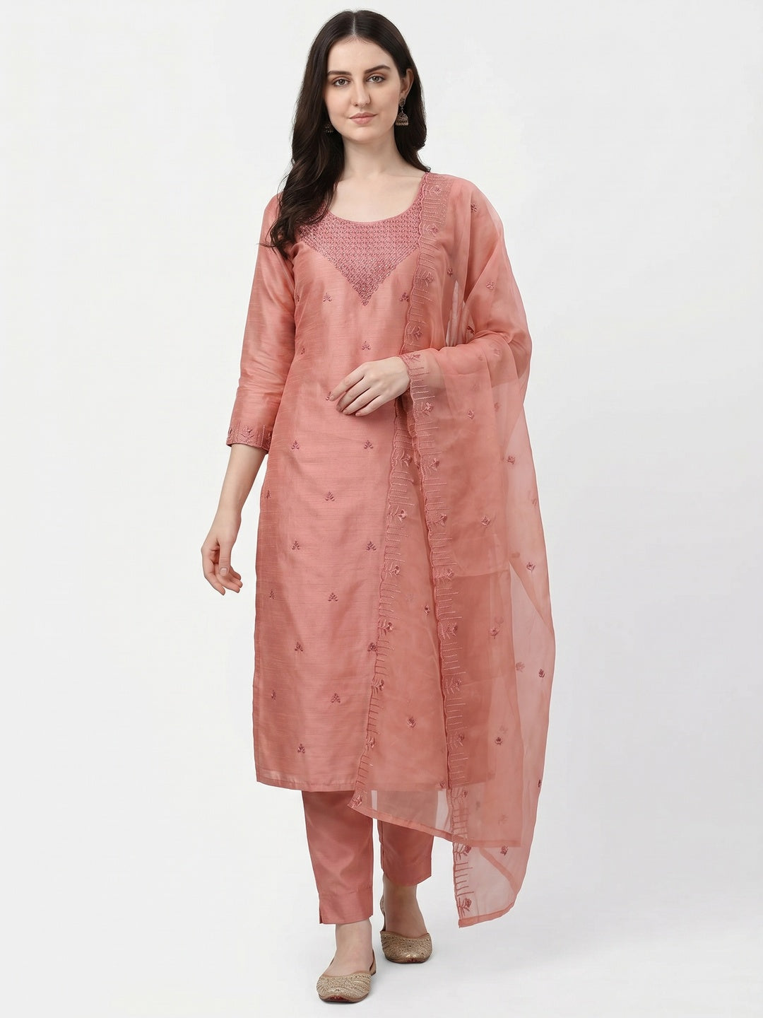 Peach Sequins Embroidered Art Silk Dress Material - Image 1
