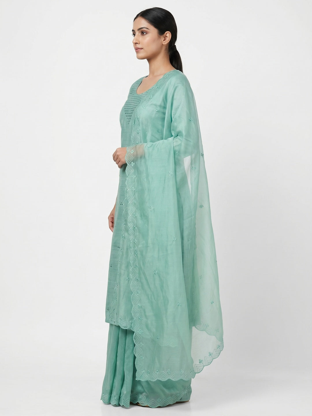 Sea Green Sequins Embroidered Art Silk Dress Material - Image 3