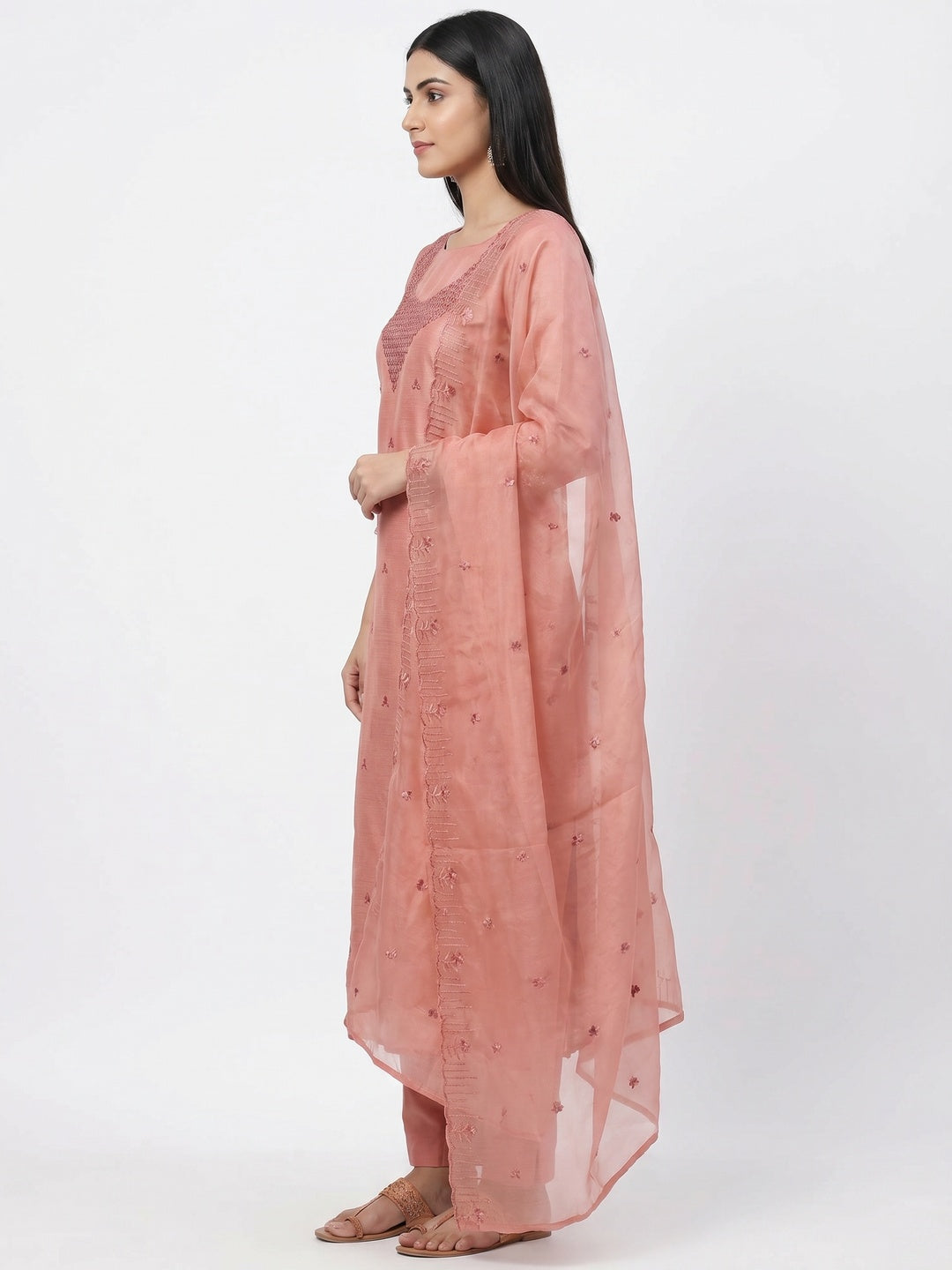 Peach Sequins Embroidered Art Silk Dress Material - Image 2