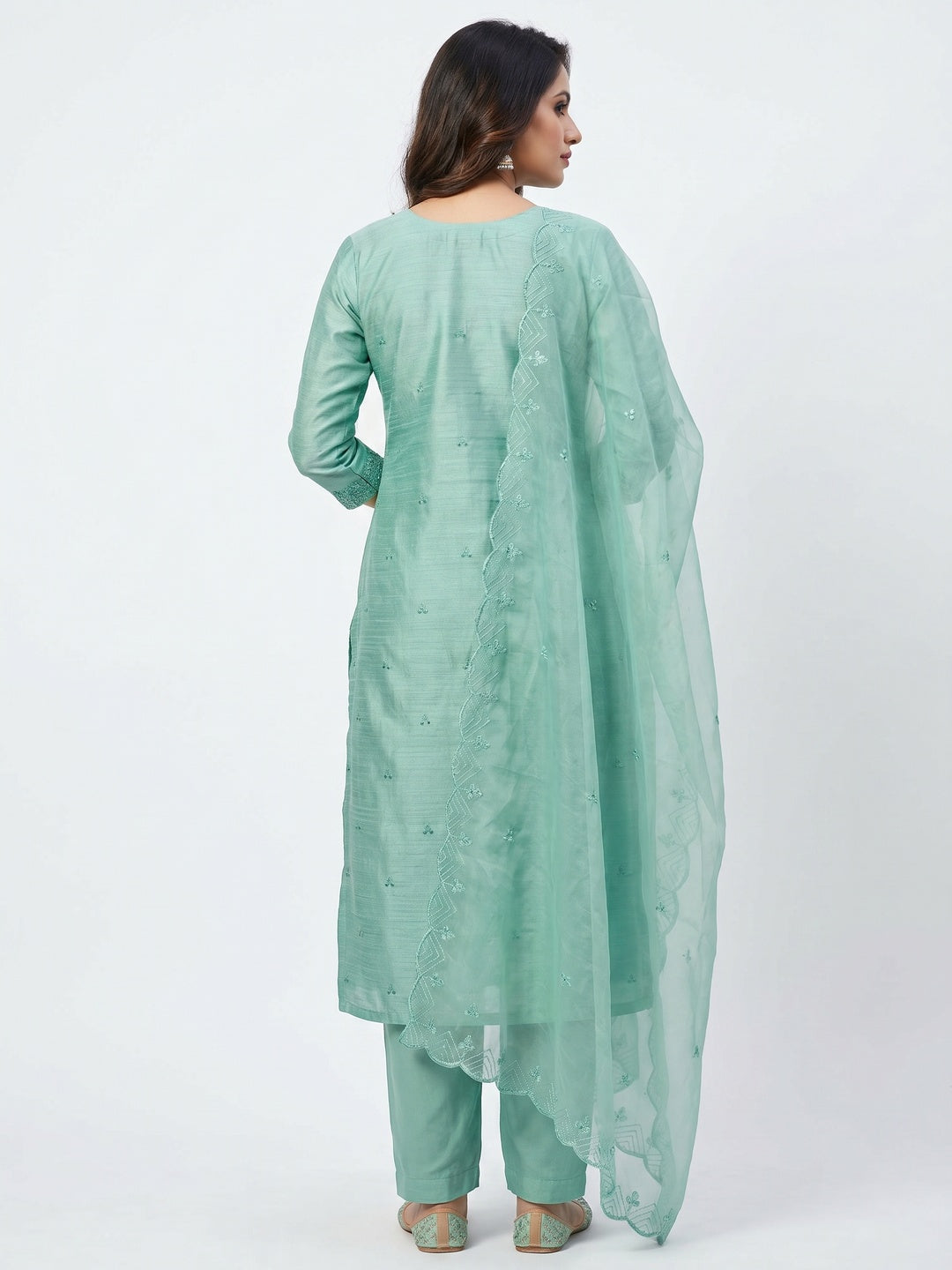 Sea Green Sequins Embroidered Art Silk Dress Material - Image 2