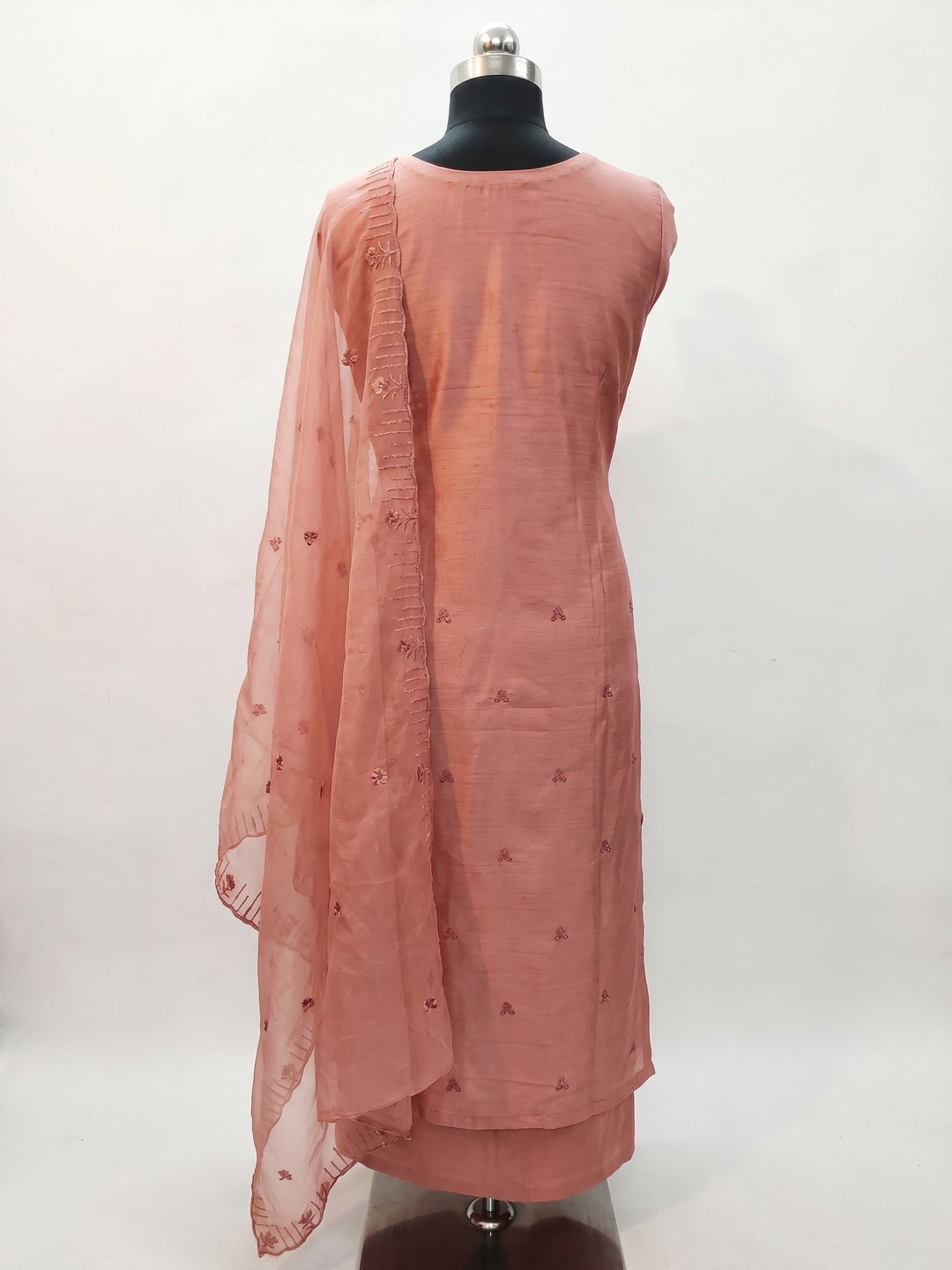Peach Sequins Embroidered Art Silk Dress Material - Image 3