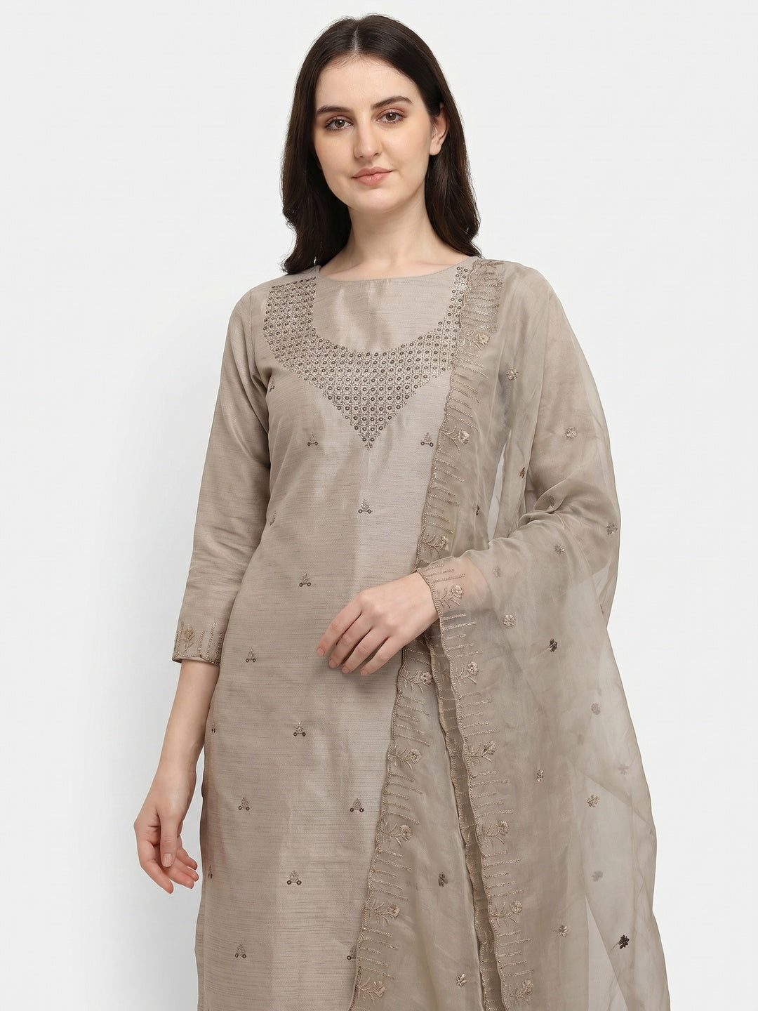 Beige Sequins Embroidered Art Silk Dress Material - Image 1