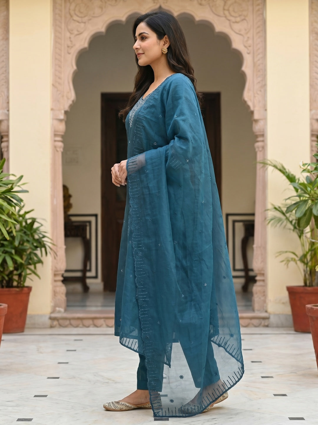 Teal Sequins Embroidered Art Silk Dress Material - Image 2