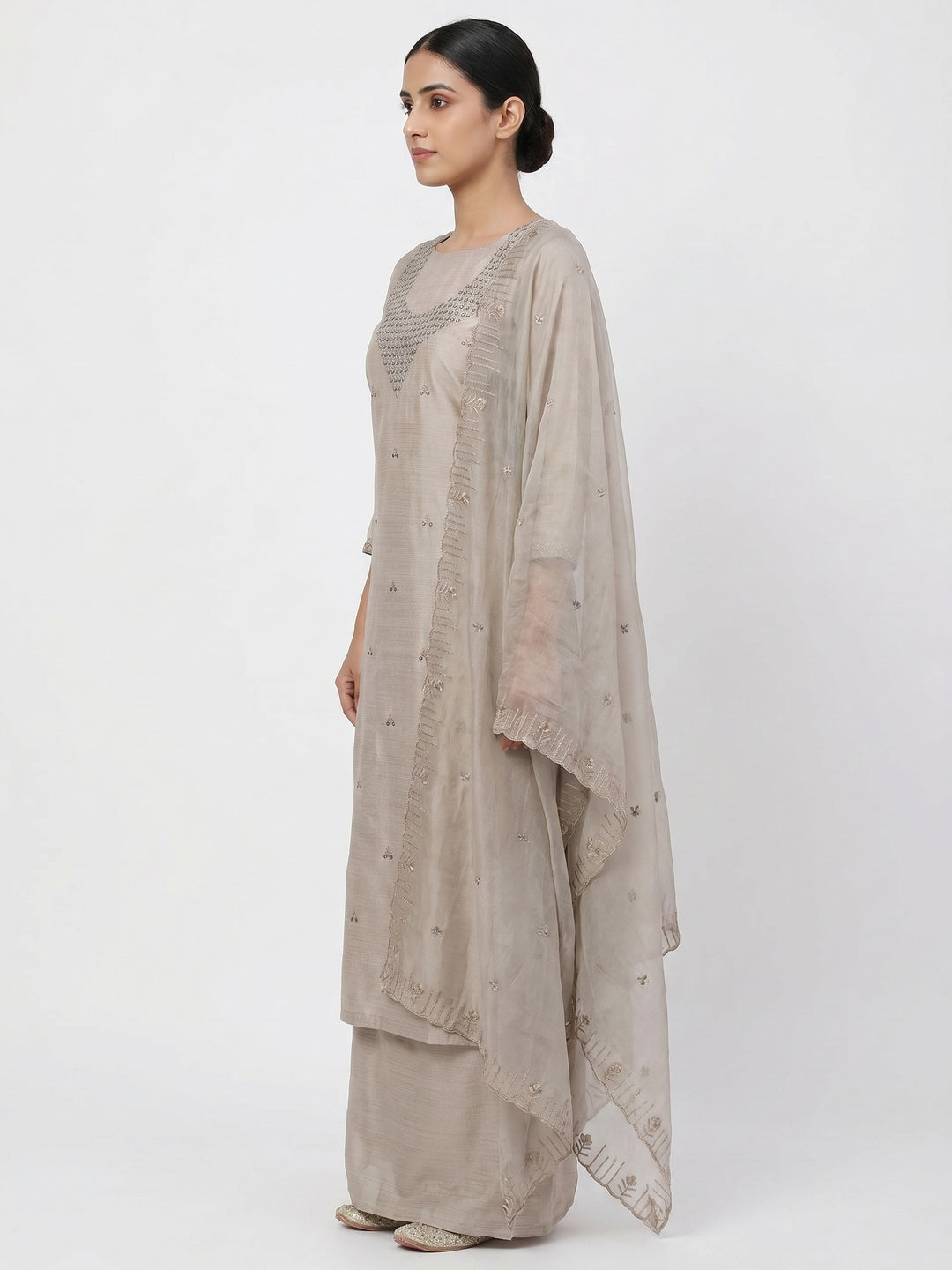 Beige Sequins Embroidered Art Silk Dress Material - Image 3