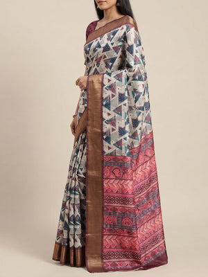 Off White Digital Printed Tussar Silk Saree - Image 2