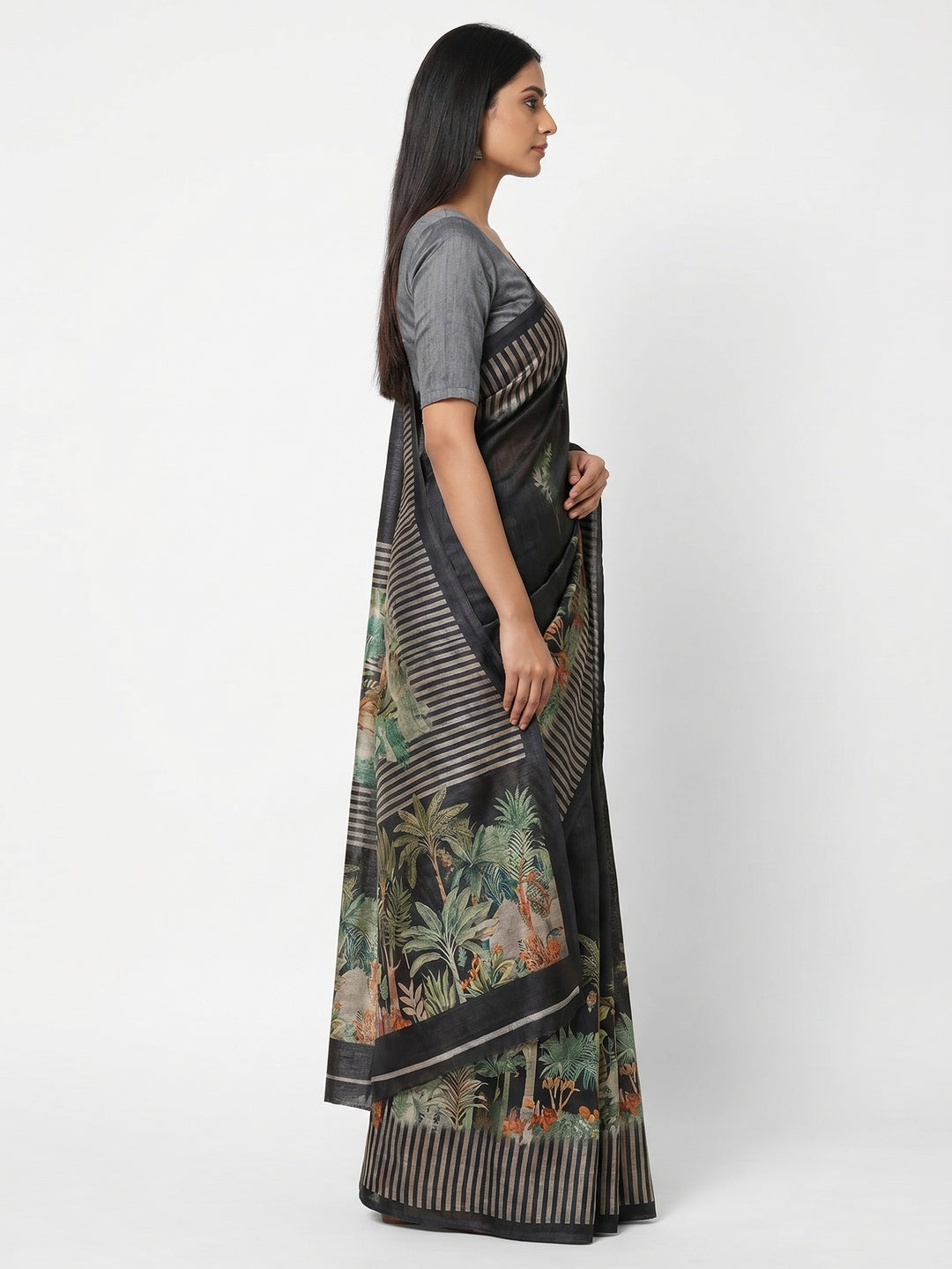 Black Digital Printed Tussar Silk Saree - Image 2