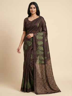 Dark Brown Digital Printed Tussar Silk Saree - Image 1