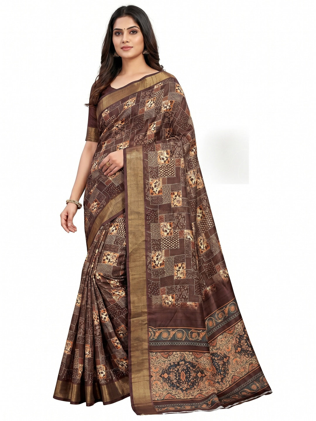 Coffee Brown Digital Printed Tussar Silk Saree - Image 1