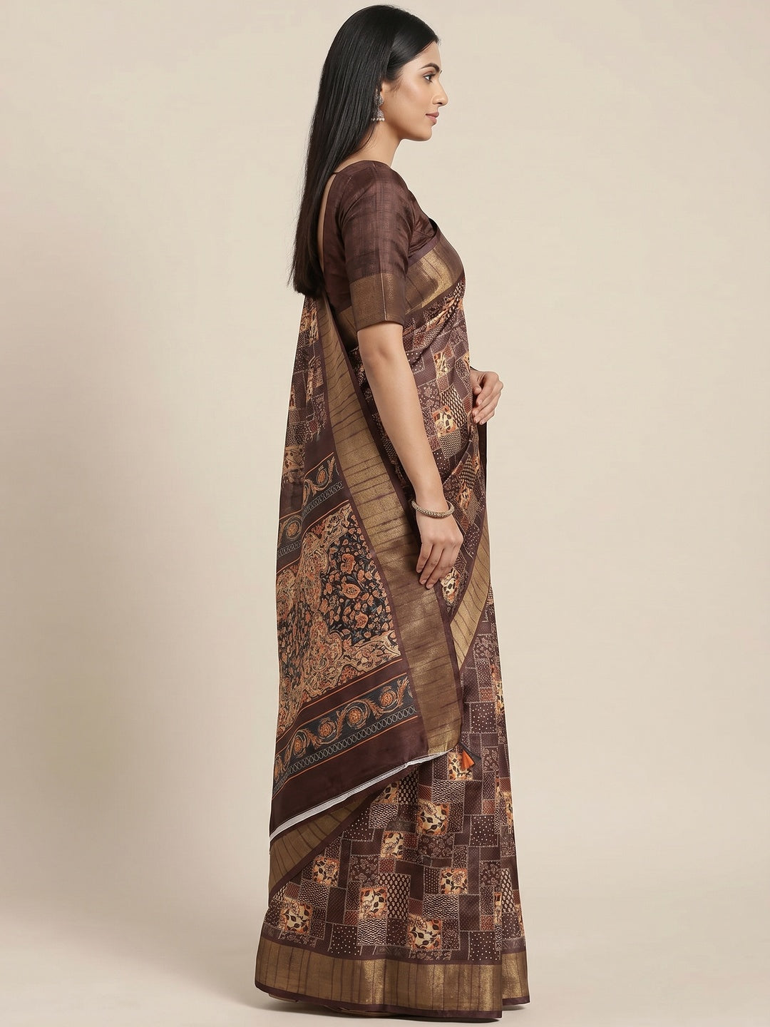 Coffee Brown Digital Printed Tussar Silk Saree - Image 2