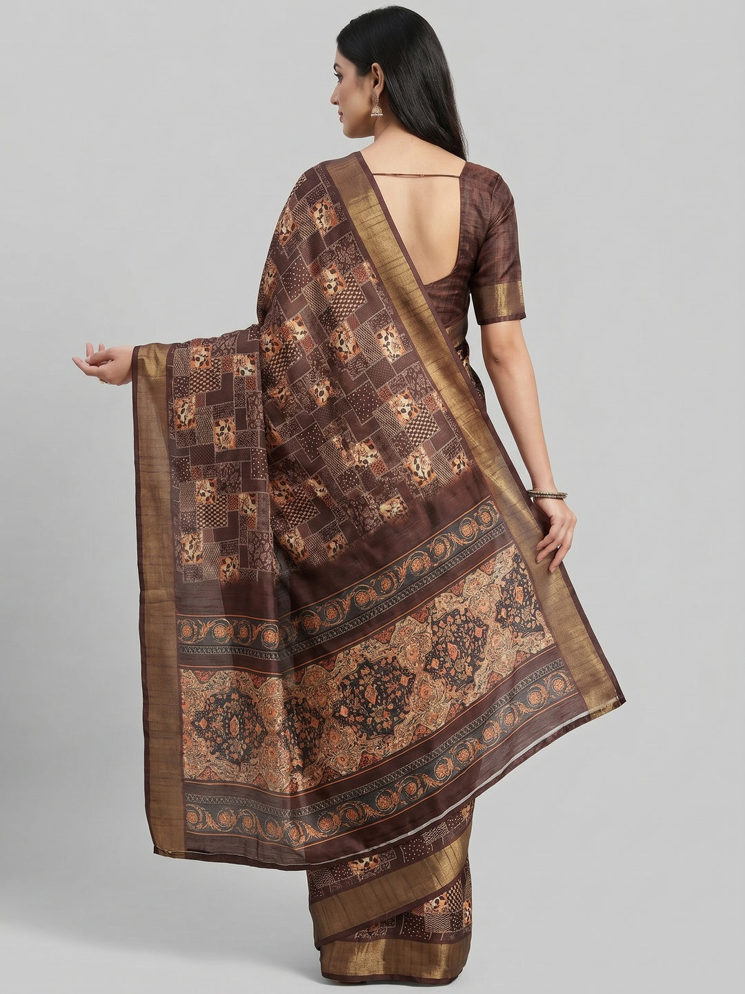 Coffee Brown Digital Printed Tussar Silk Saree - Image 3