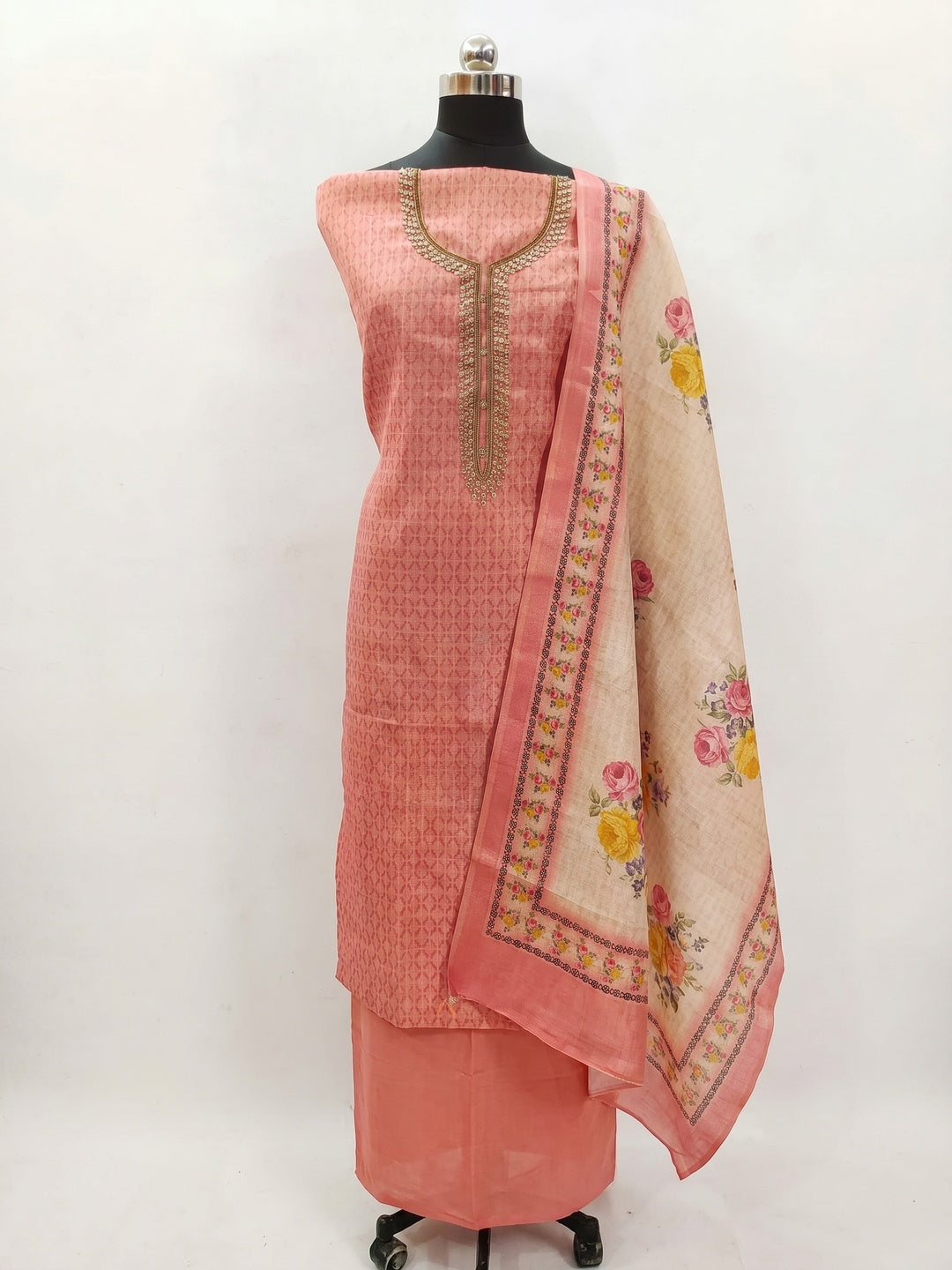 Peach Embroidered Art Silk Dress Material - Image 1