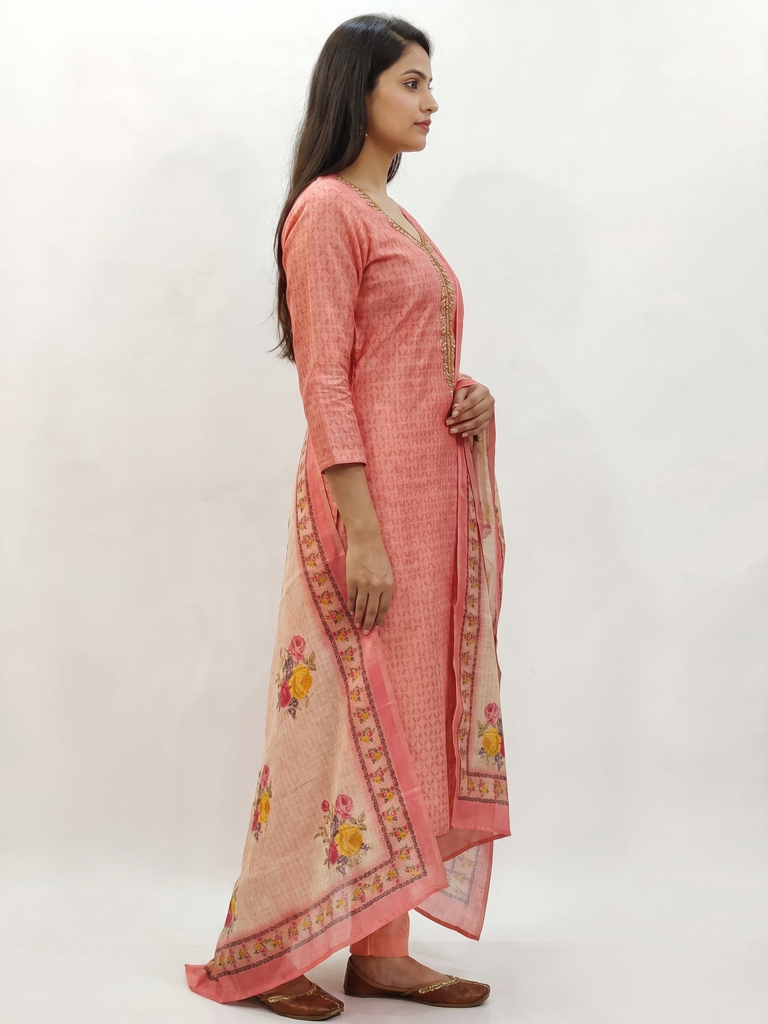 Peach Embroidered Art Silk Dress Material - Image 3