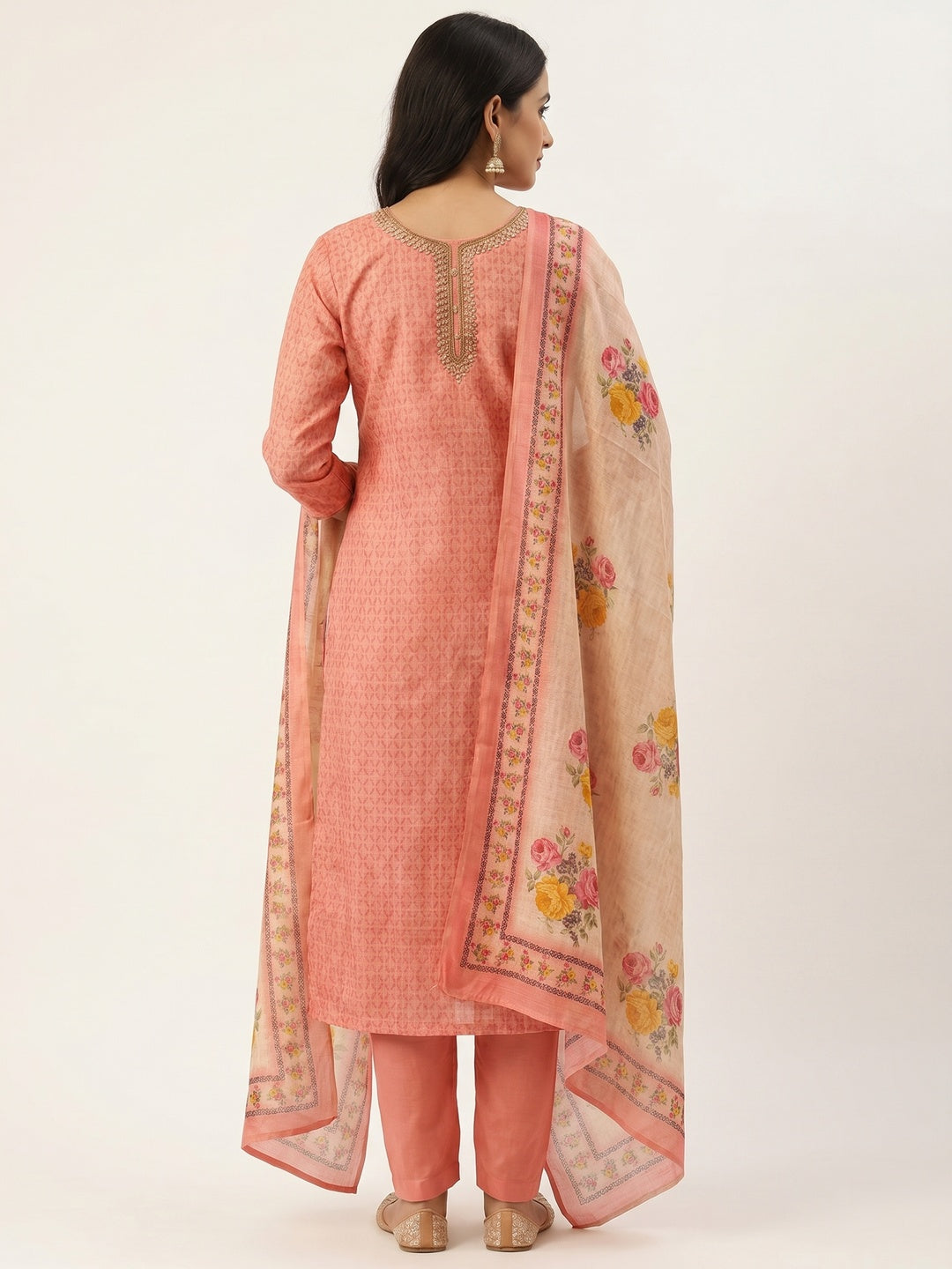 Peach Embroidered Art Silk Dress Material - Image 2