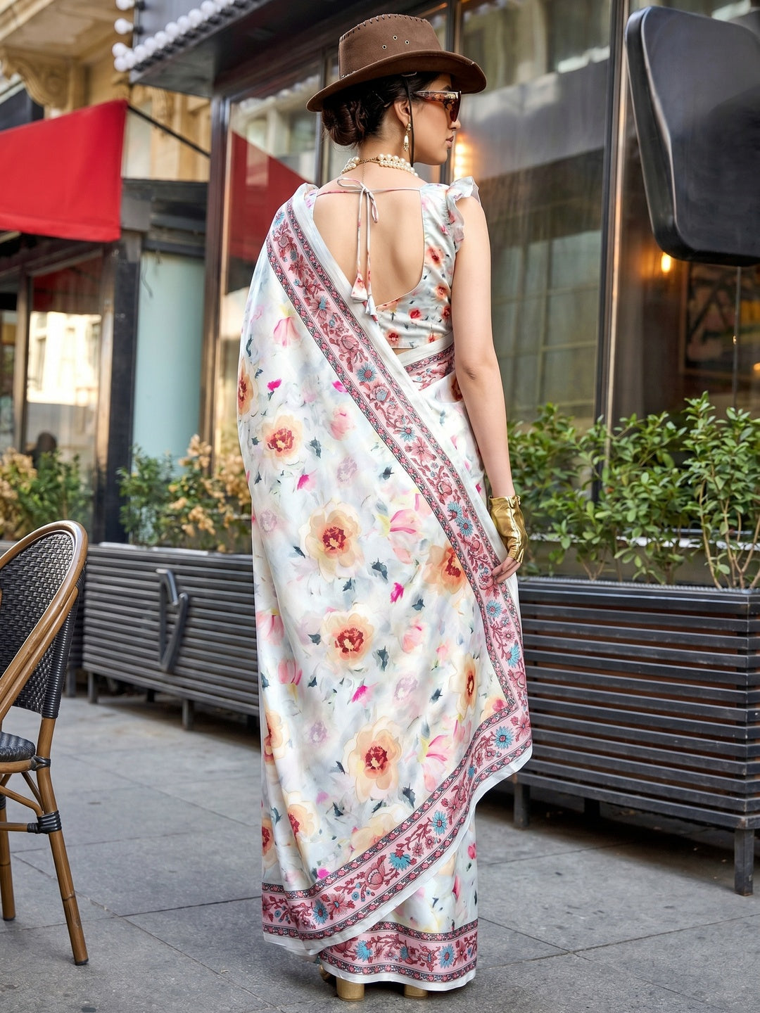 Off White Floral Digital Printed Satin Saree - Image 1