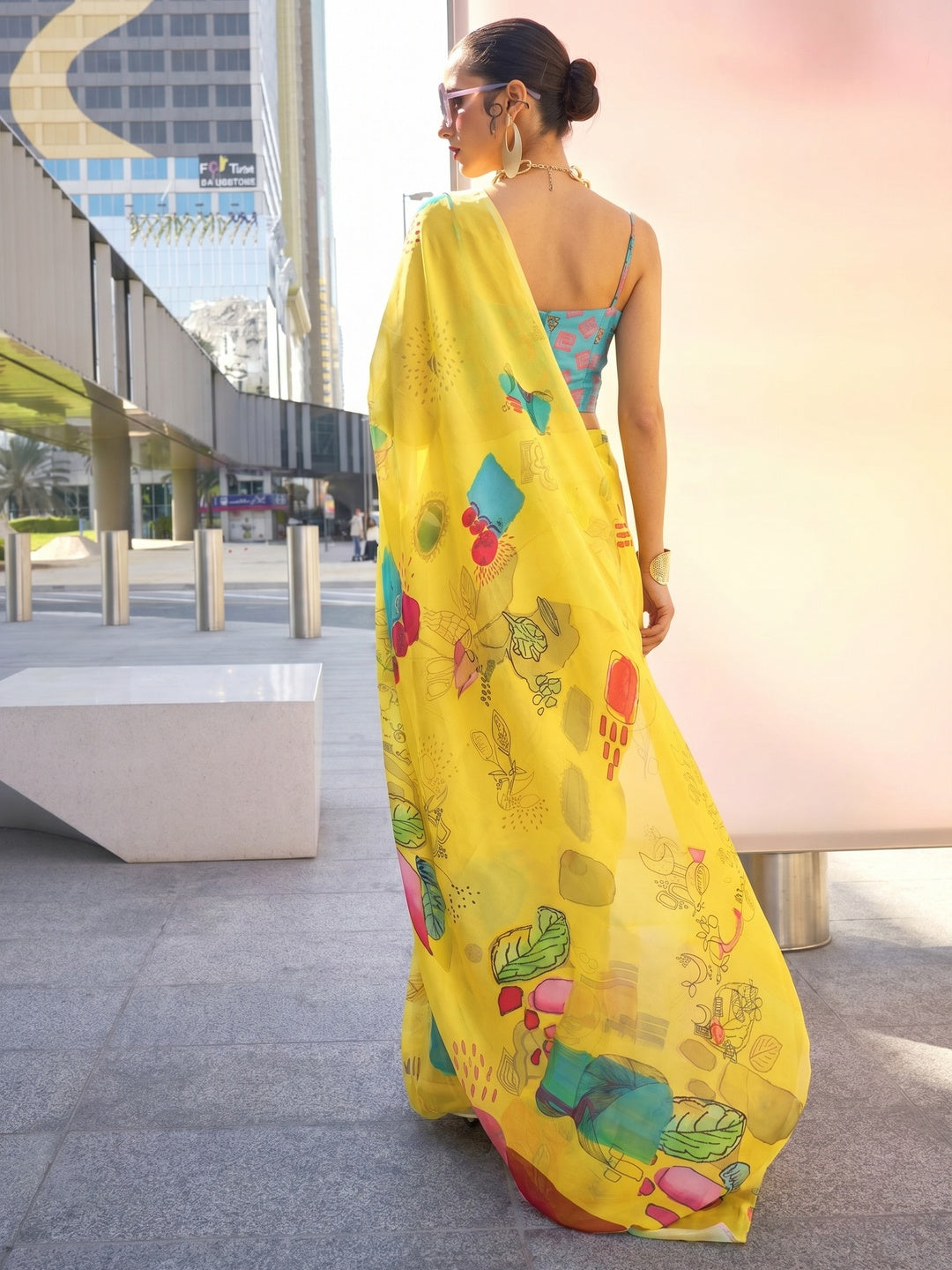 Yellow Floral Digital Printed Satin Saree - Image 1