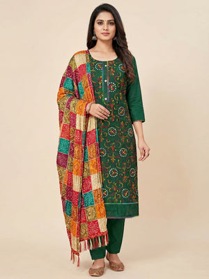 Green Floral Embroidered Cotton Blend Dress Material - Image 1
