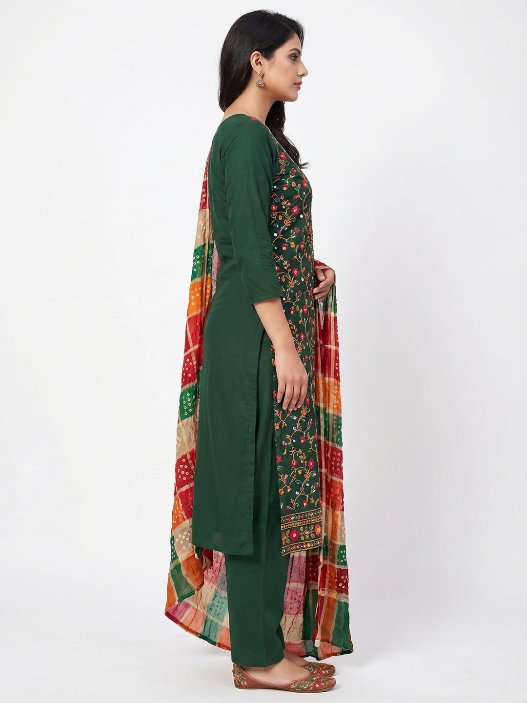 Green Floral Embroidered Cotton Blend Dress Material - Image 2