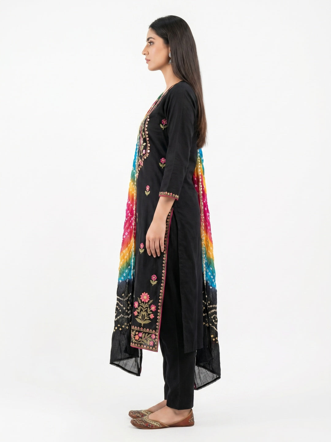 Black Floral Embroidered Cotton Blend Dress Material - Image 2