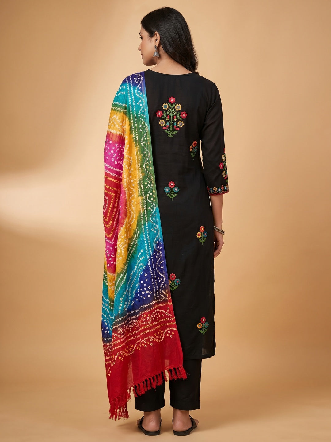 Black Floral Embroidered Cotton Blend Dress Material - Image 3