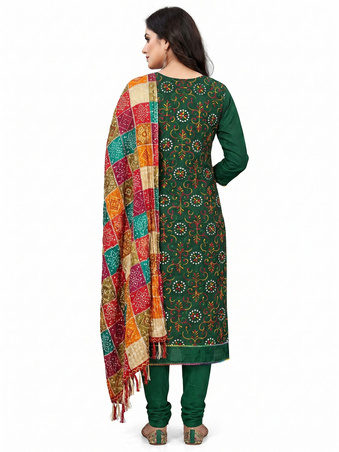Green Floral Embroidered Cotton Blend Dress Material - Image 3