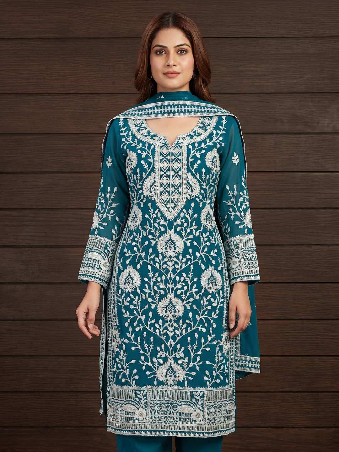 Blue Floral Sequins Embroidered Georgette Dress Material - Image 2