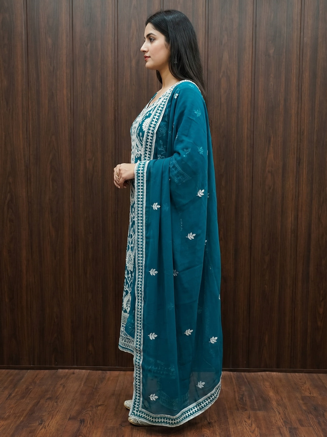 Blue Floral Sequins Embroidered Georgette Dress Material - Image 1