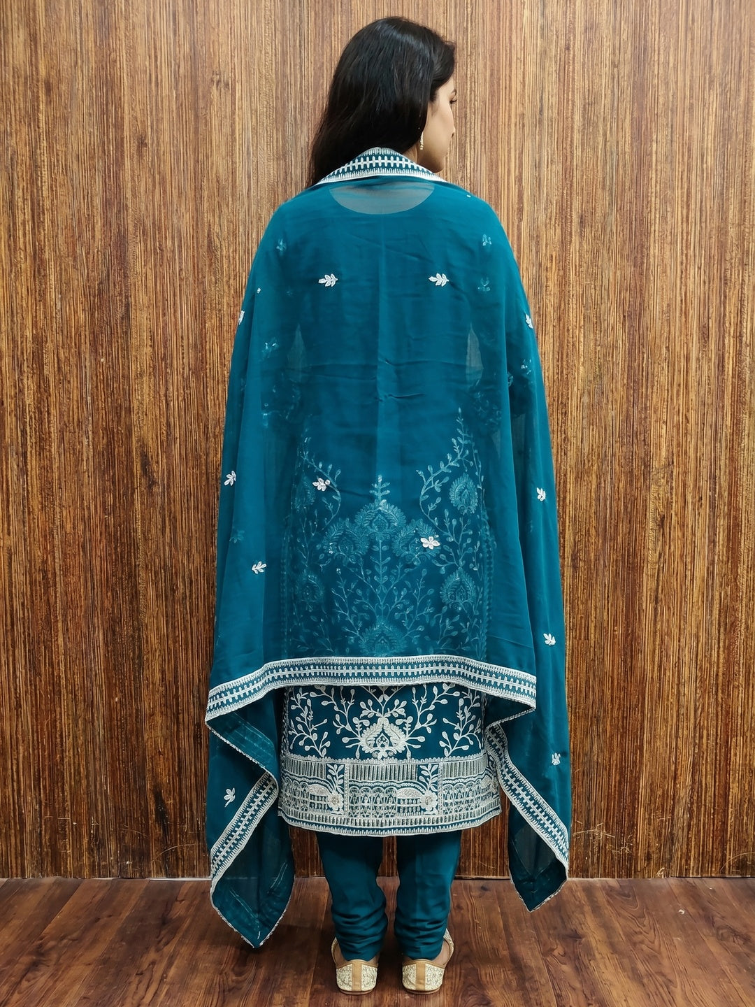 Blue Floral Sequins Embroidered Georgette Dress Material - Image 3
