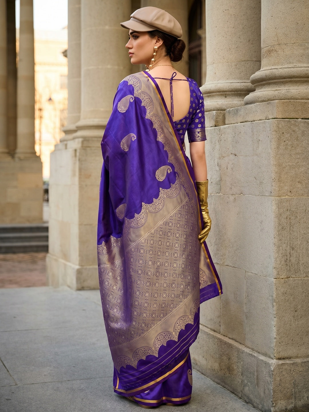 Purple Zari Work Woven Satin Saree With Tassels - Image 1