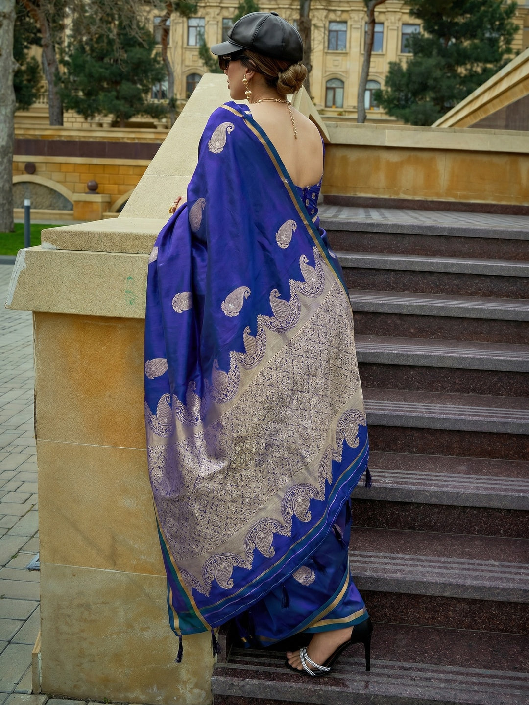 Royal Blue Zari Work Woven Satin Saree With Tassels - Image 1