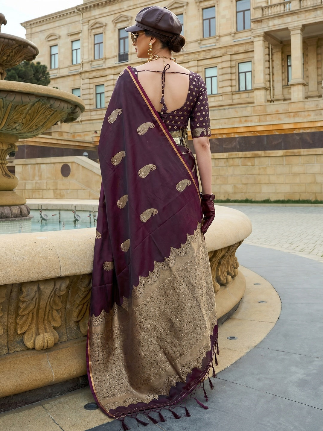Burgundy Zari Work Woven Satin Saree With Tassels - Image 1