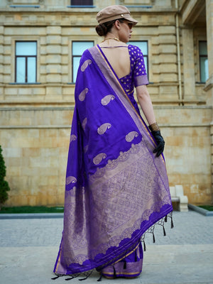 Violet Zari Work Woven Satin Saree With Tassels - Image 1