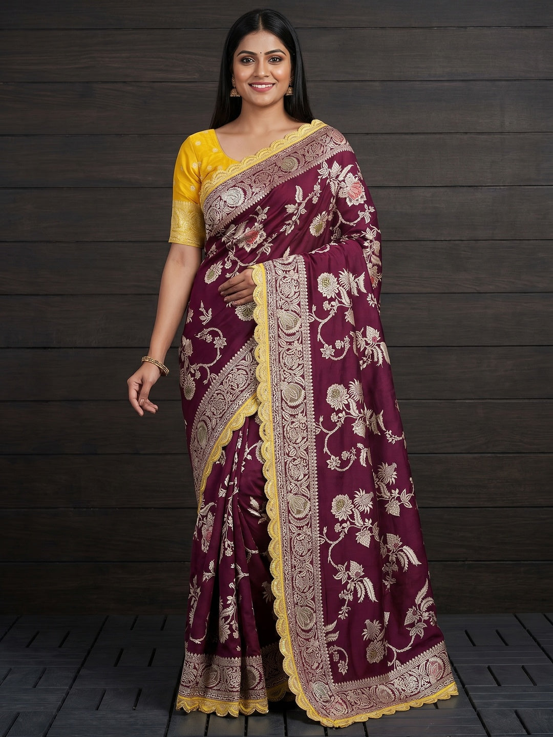 Wine Floral Woven Dola Silk Saree With Lace Border - Image 1