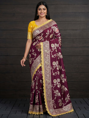 Wine Floral Woven Dola Silk Saree With Lace Border - Image 1