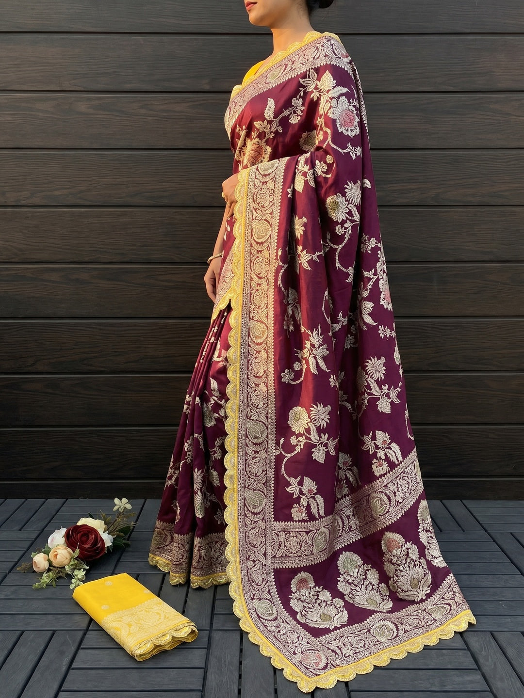 Wine Floral Woven Dola Silk Saree With Lace Border - Image 3