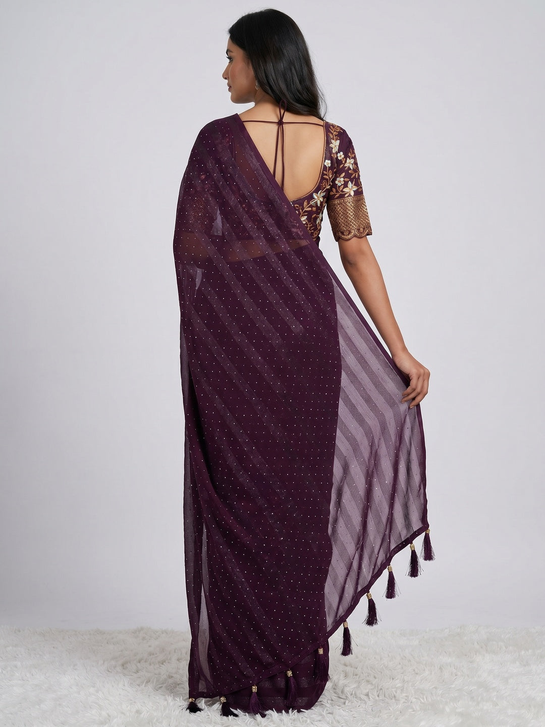 Wine Woven Swaroski Work Georgette Saree With Tassels - Image 3