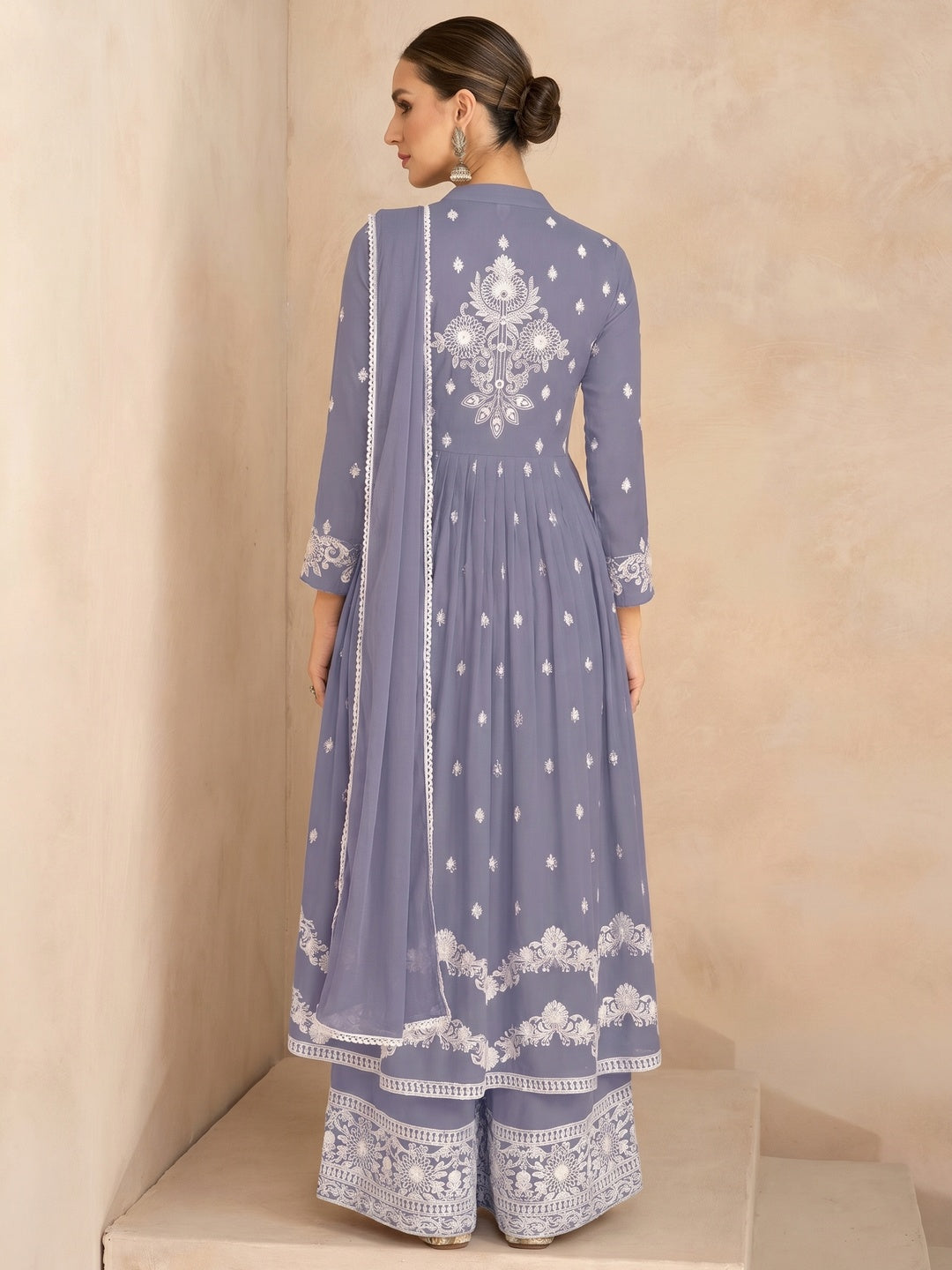 Greyish Blue Floral Embroidered Rayon Palazzo Suit - Image 1