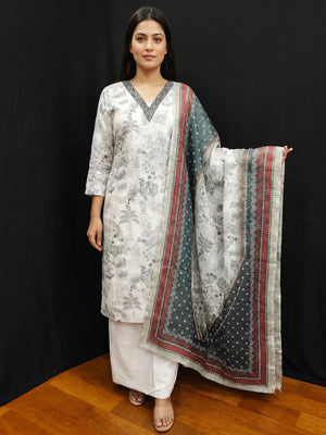 White Floral Printed Linen Dress Material - Image 1