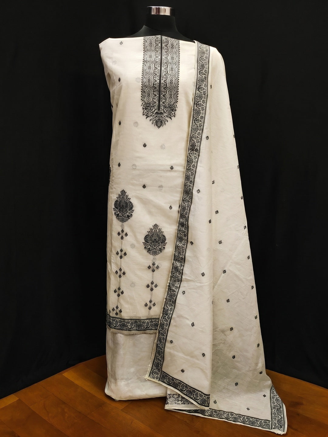 Off White & Black Woven Pure Cotton Dress Material - Image 1