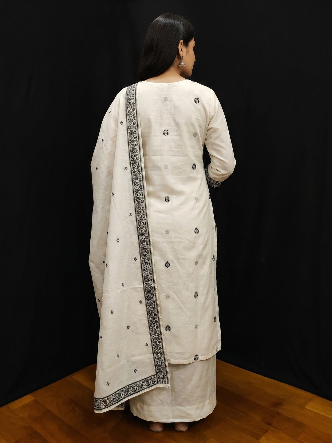 Off White & Black Woven Pure Cotton Dress Material - Image 2