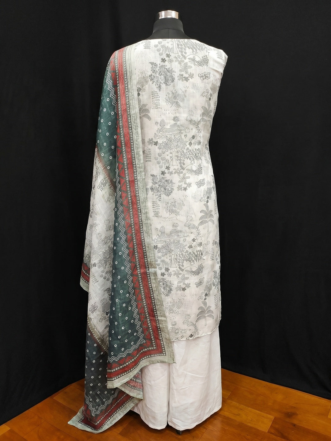 White Floral Printed Linen Dress Material - Image 2