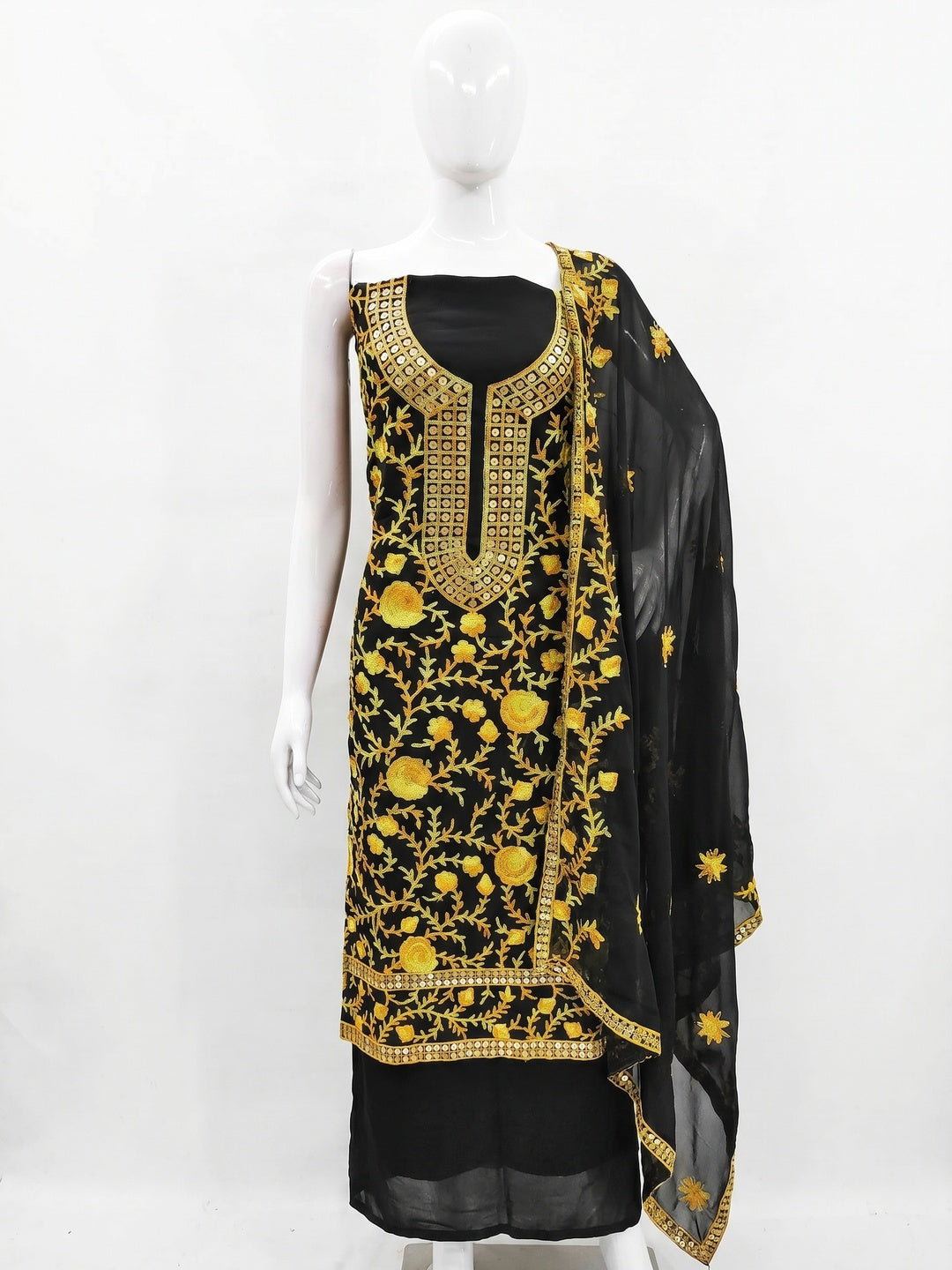 Black & Yellow Floral Sequins Embroidered Georgette Dress Material - Image 1