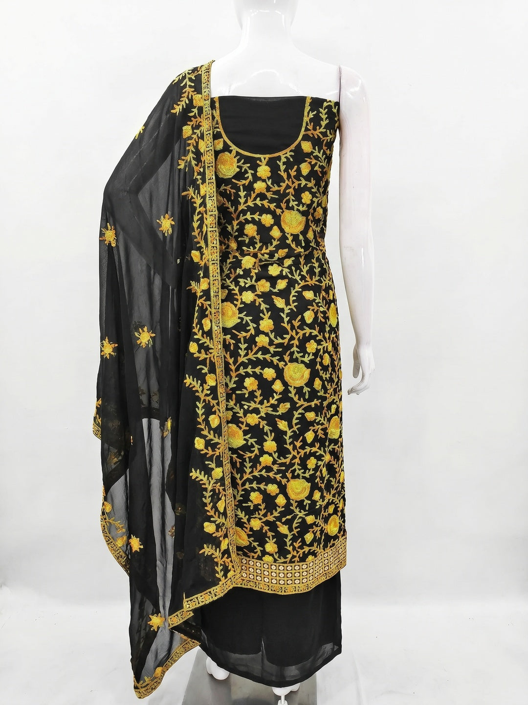 Black & Yellow Floral Sequins Embroidered Georgette Dress Material - Image 2
