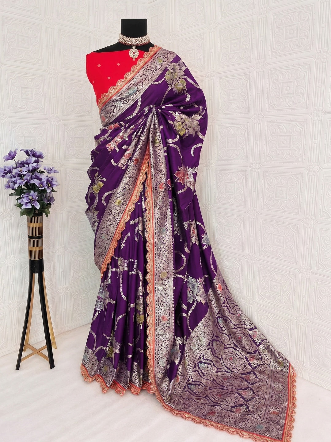 Purple Floral Woven Dola Silk Saree With Lace Border - Image 1