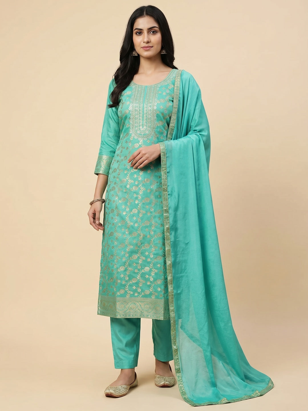 Turquoise Floral Woven Jacquard Dress Material - Image 1