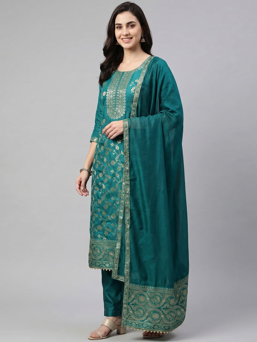Teal Floral Woven Jacquard Dress Material - Image 1