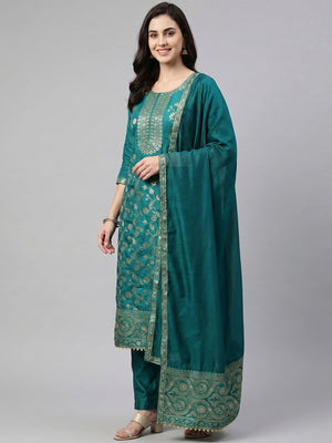 Teal Floral Woven Jacquard Dress Material - Image 1