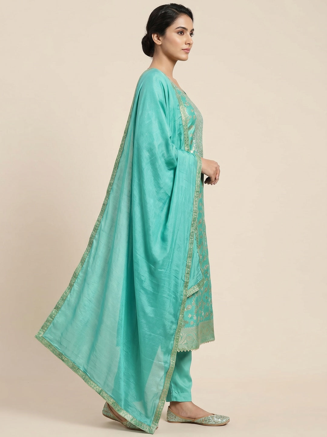 Turquoise Floral Woven Jacquard Dress Material - Image 2