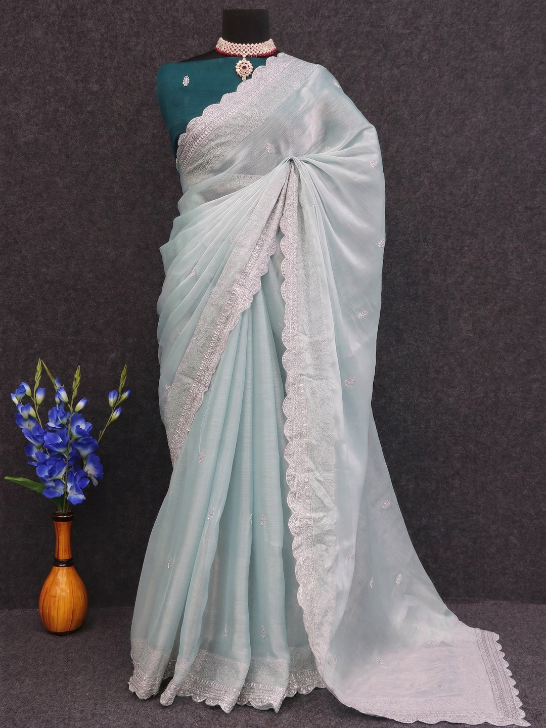 Sea Green Sequins Embroidered Chiffon Saree - Image 1